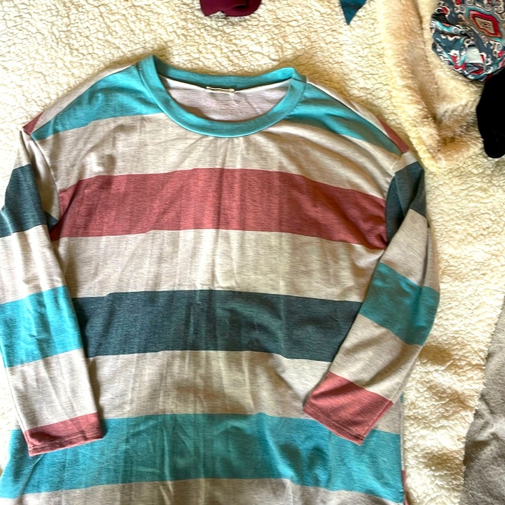 Multi stripe tunic style long sleeve shirt
